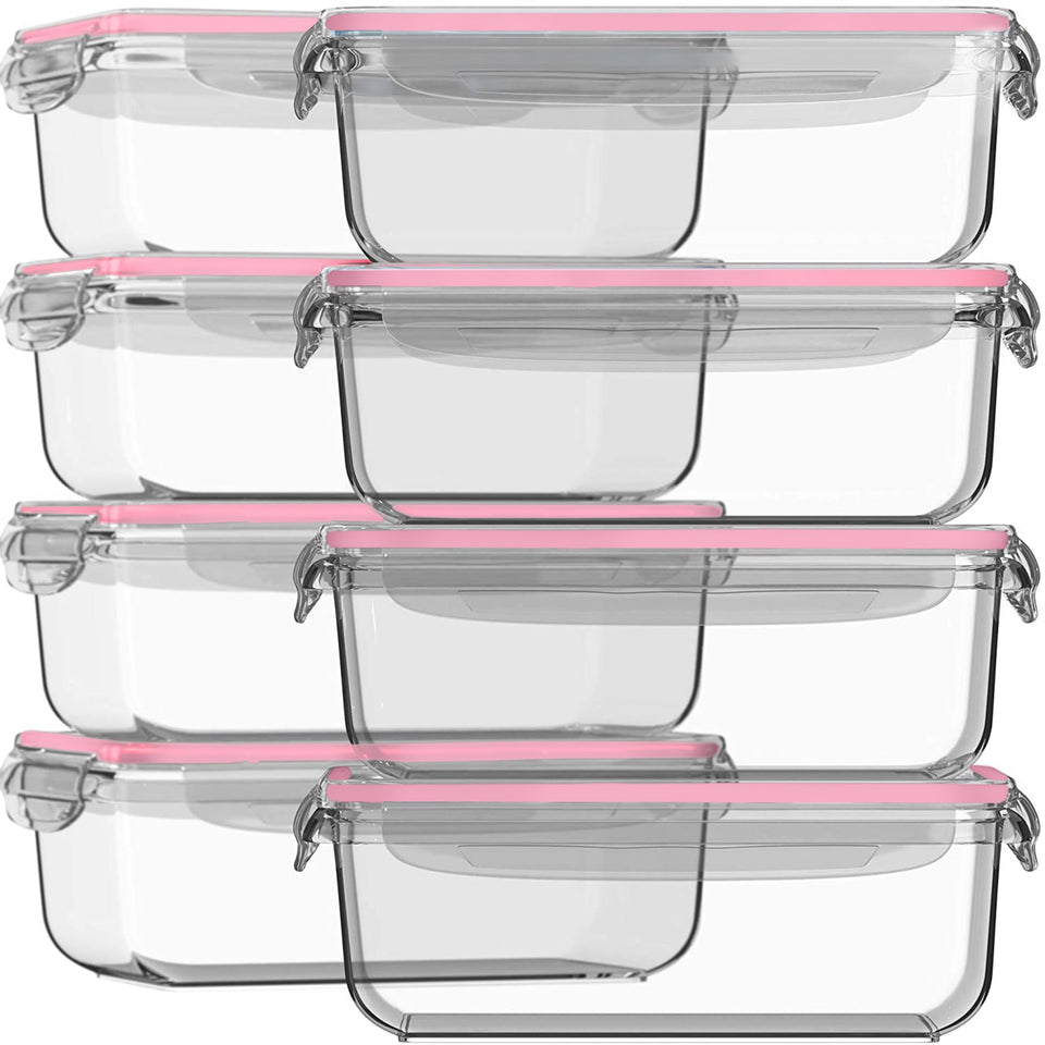 Razab 16pc glass food storage set, front view, stackable and space-saving for fridge organization.
