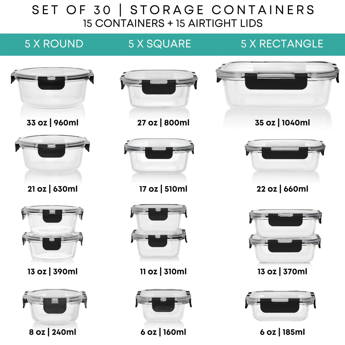 Razab 30pc glass storage rectangle 660ml compact leftovers container