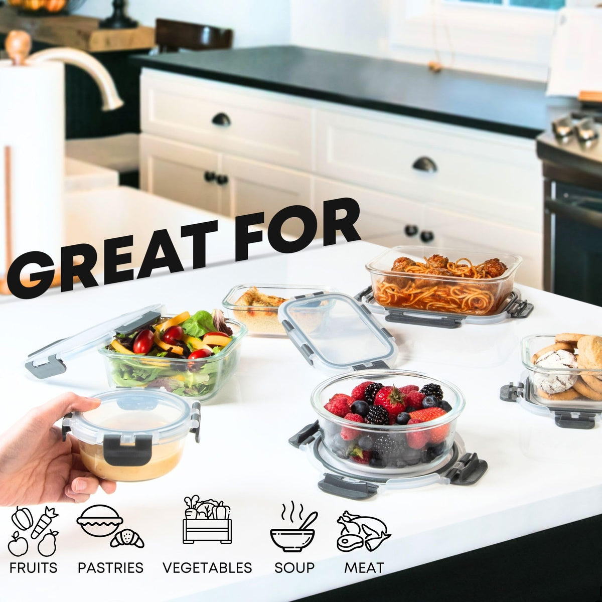Razab 30pc rectangular 185ml glass container with lid for snacks.