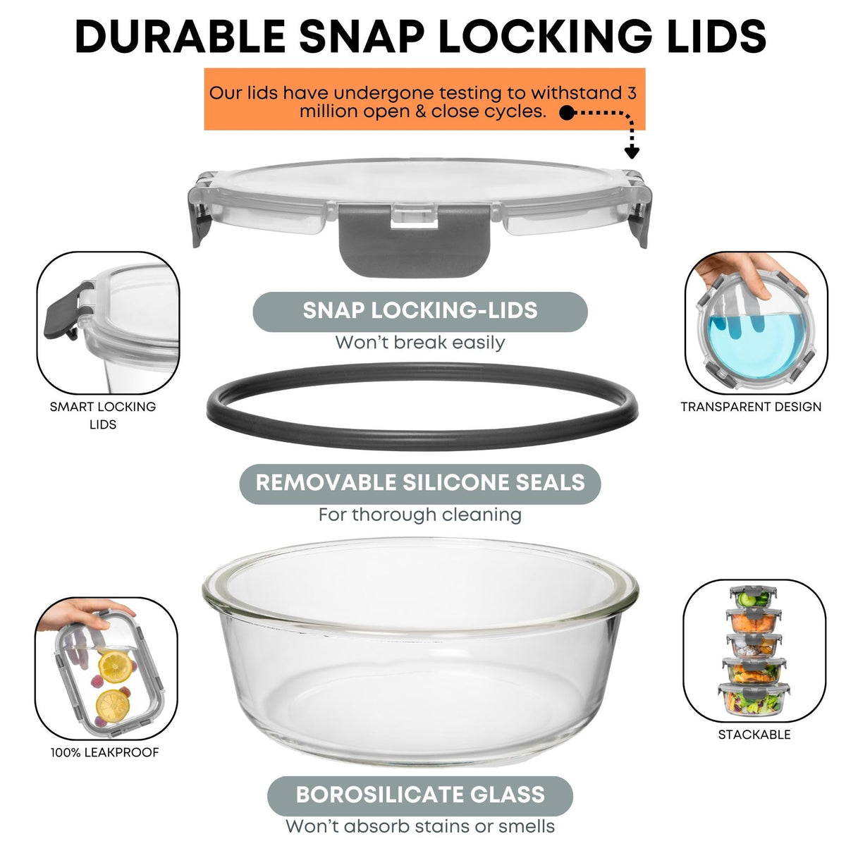 Razab 30pc rectangular 370ml glass container with lid for portion control.