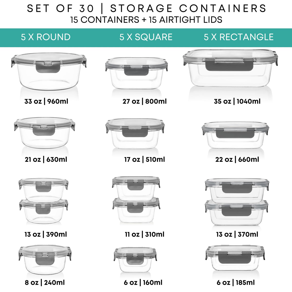 Razab 30pc rectangular 660ml glass container with lid for compact fridge storage.