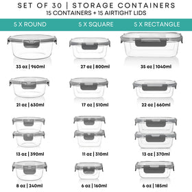 Razab 30pc rectangular 660ml glass container with lid for compact fridge storage.