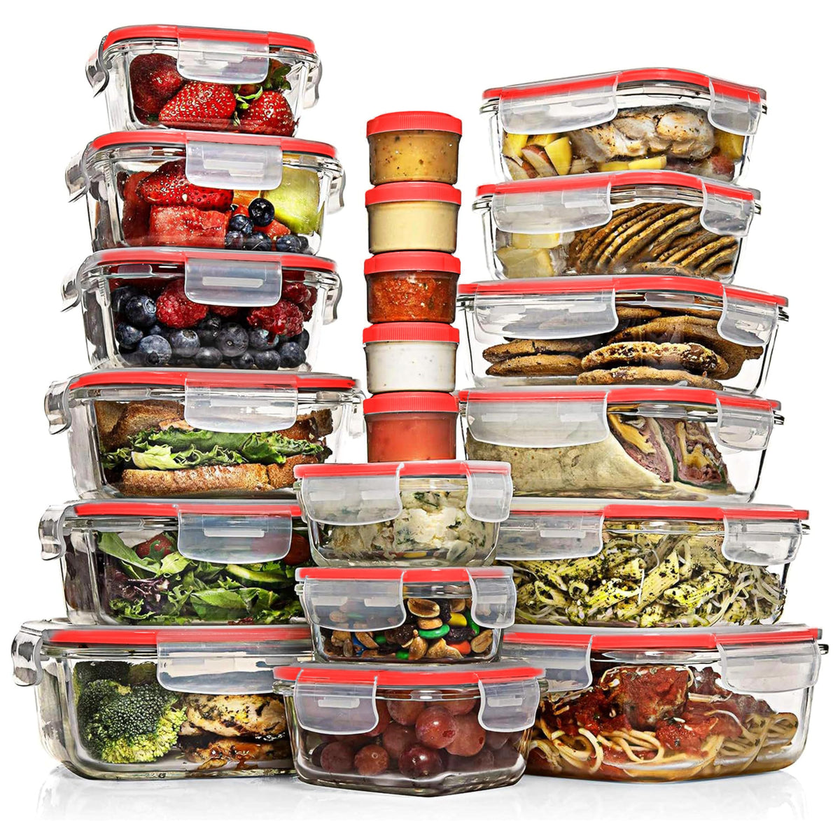 Razab 35-piece glass containers with lids for organized meal prep.