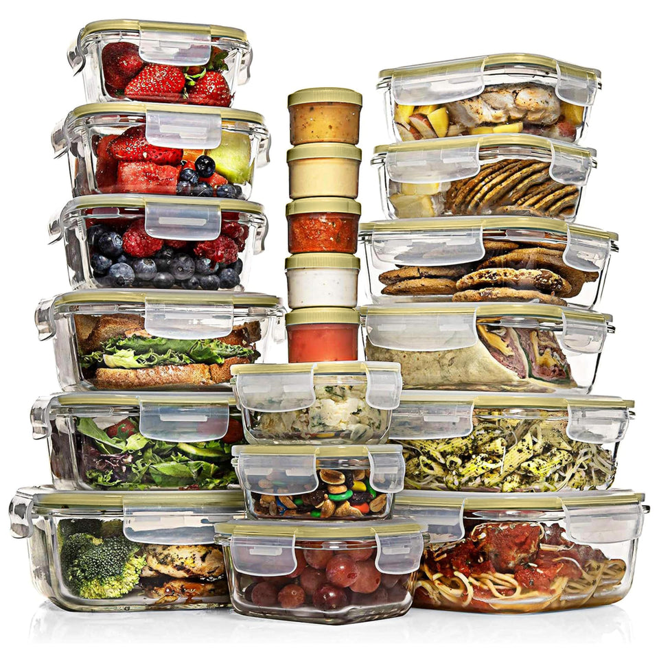 Razab 35-piece glass storage set with airtight lids for organized meal prep.