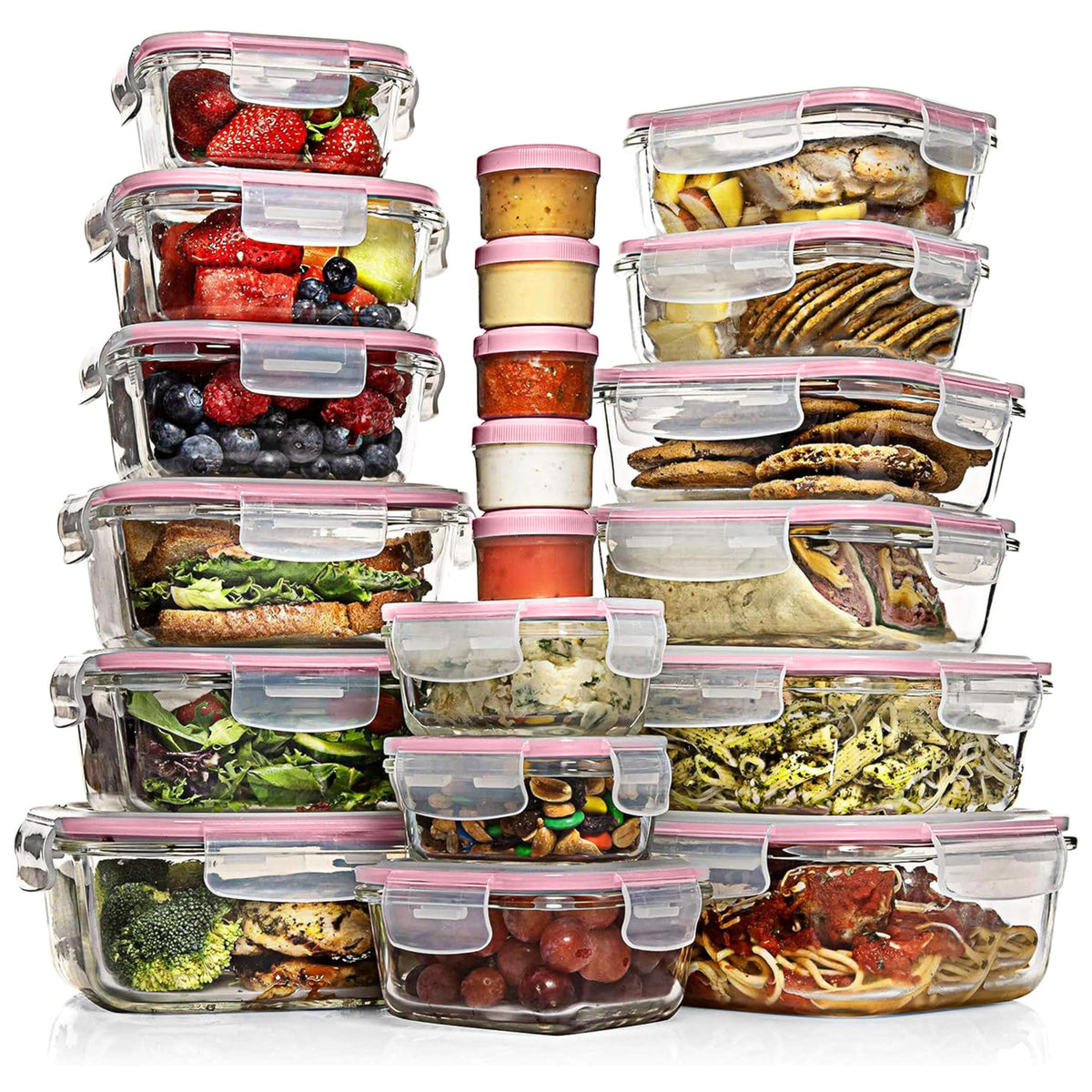 Razab 35pc glass storage containers with lids for organized leftovers and meal prep.