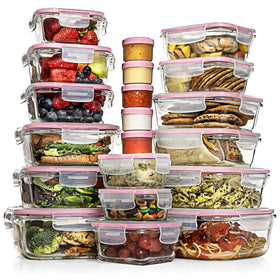 Razab 35pc glass storage containers with lids for organized leftovers and meal prep.