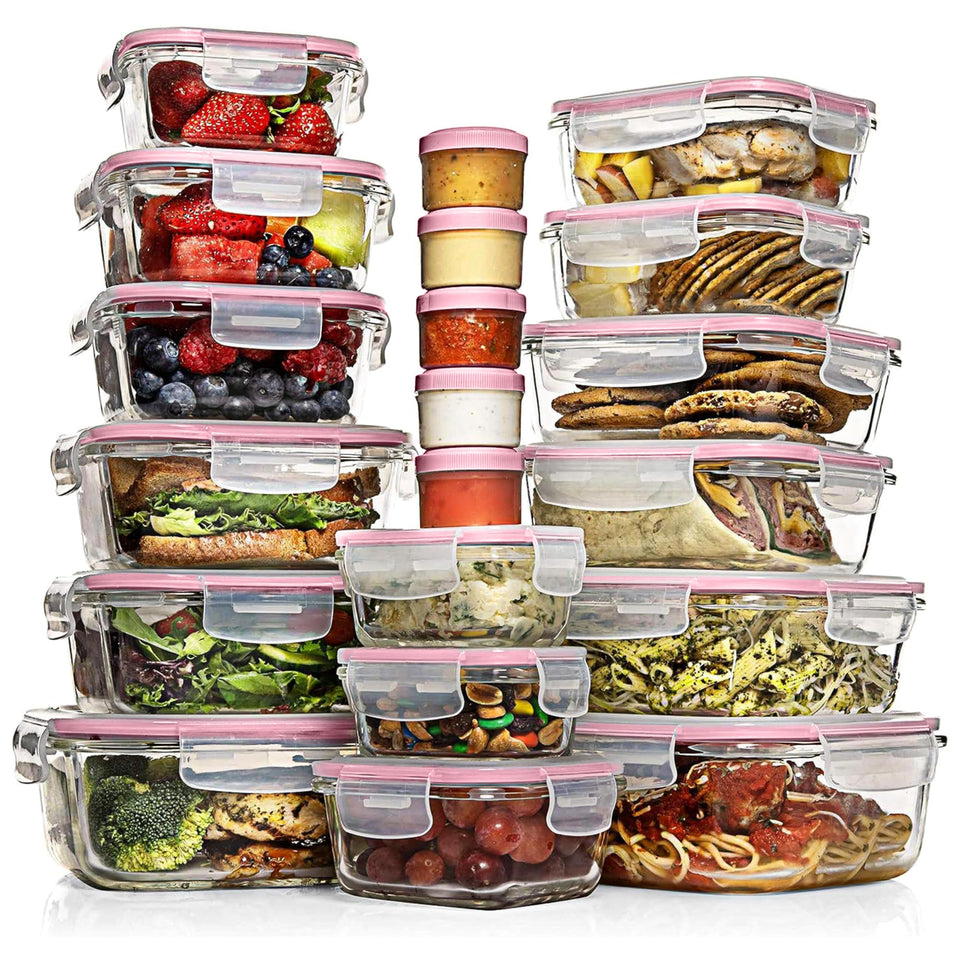 Razab 35pc glass storage containers with lids for organized leftovers and meal prep.