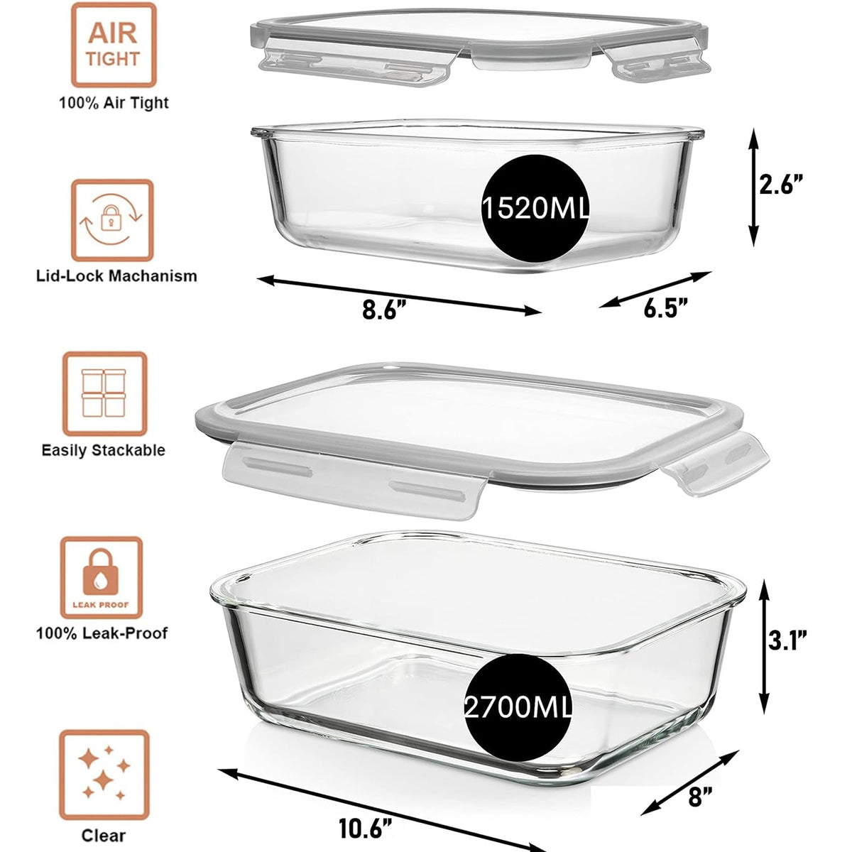 Razab borosilicate glass construction for durable, versatile storage and bakeware use.