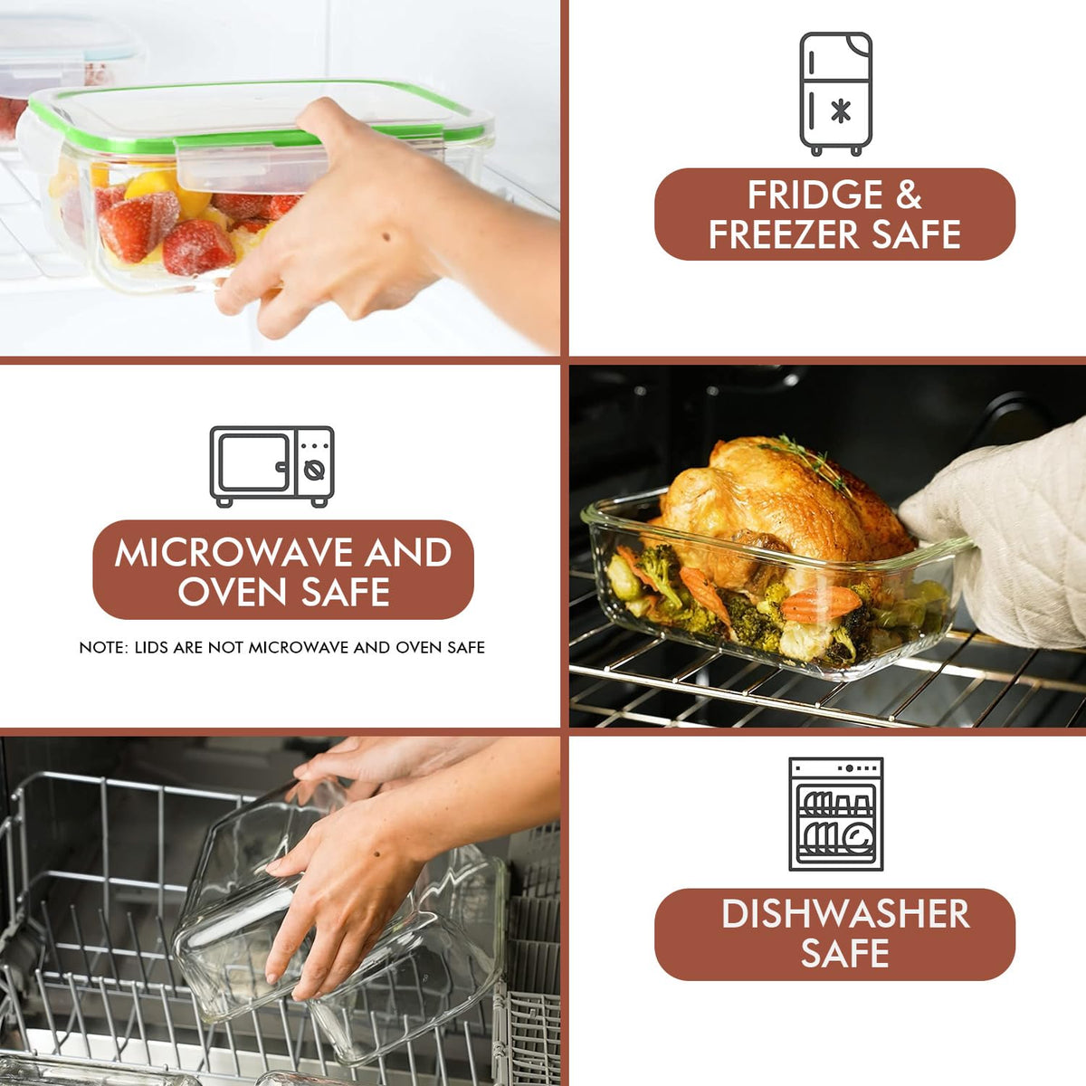 Razab borosilicate glass is oven-safe when used without lids for reheating.