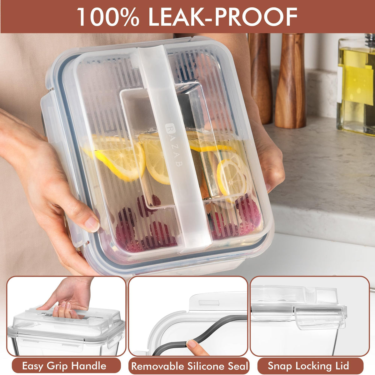 Razab BPA-free lid with removable silicone seal keeps food airtight.