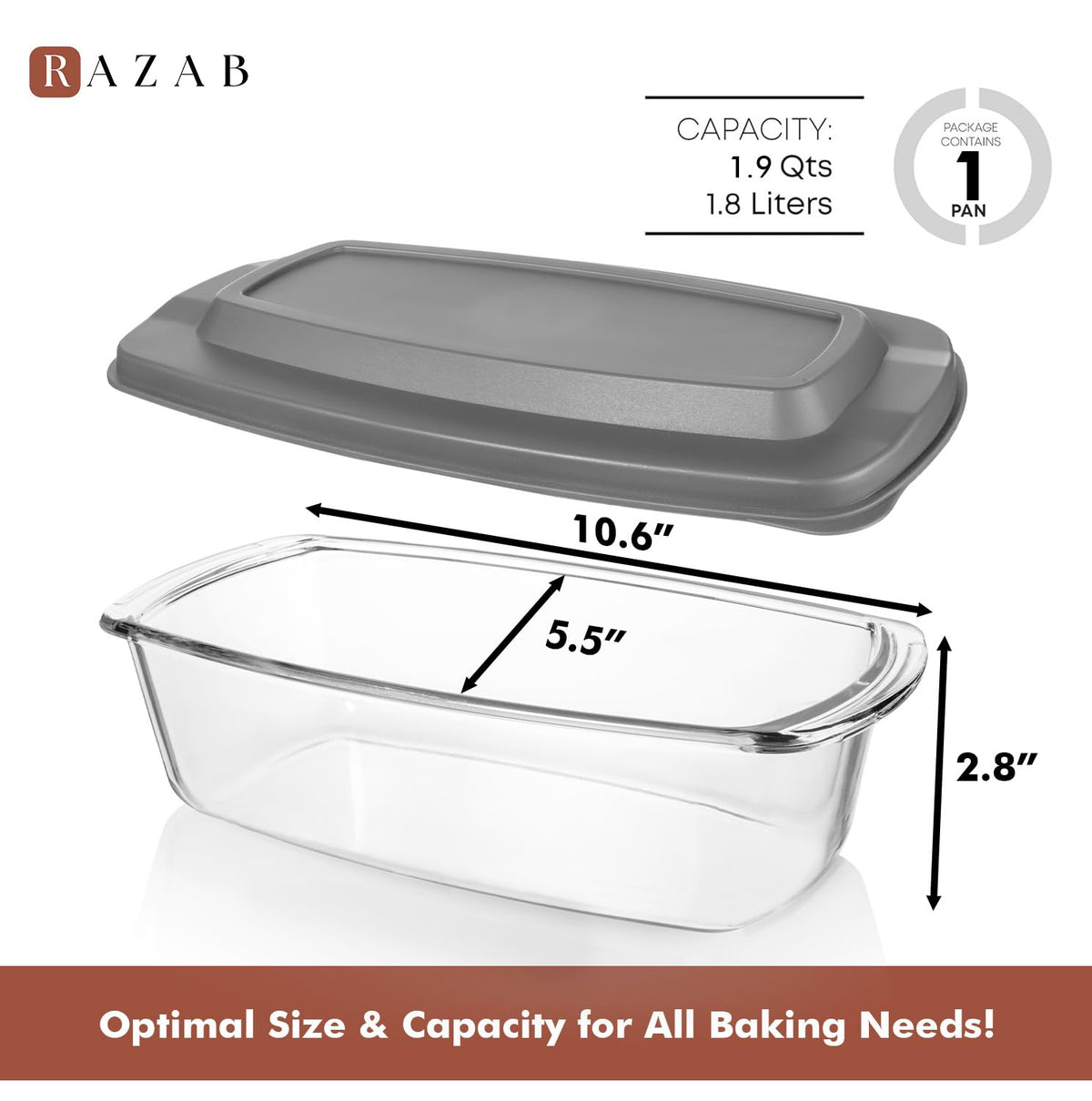 Razab loaf pan with gray BPA-free lid ensures leakproof oven-to-fridge transition.
