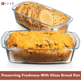 Razab loaf pan with lid on demonstrates leakproof BPA-free lid for easy storage.