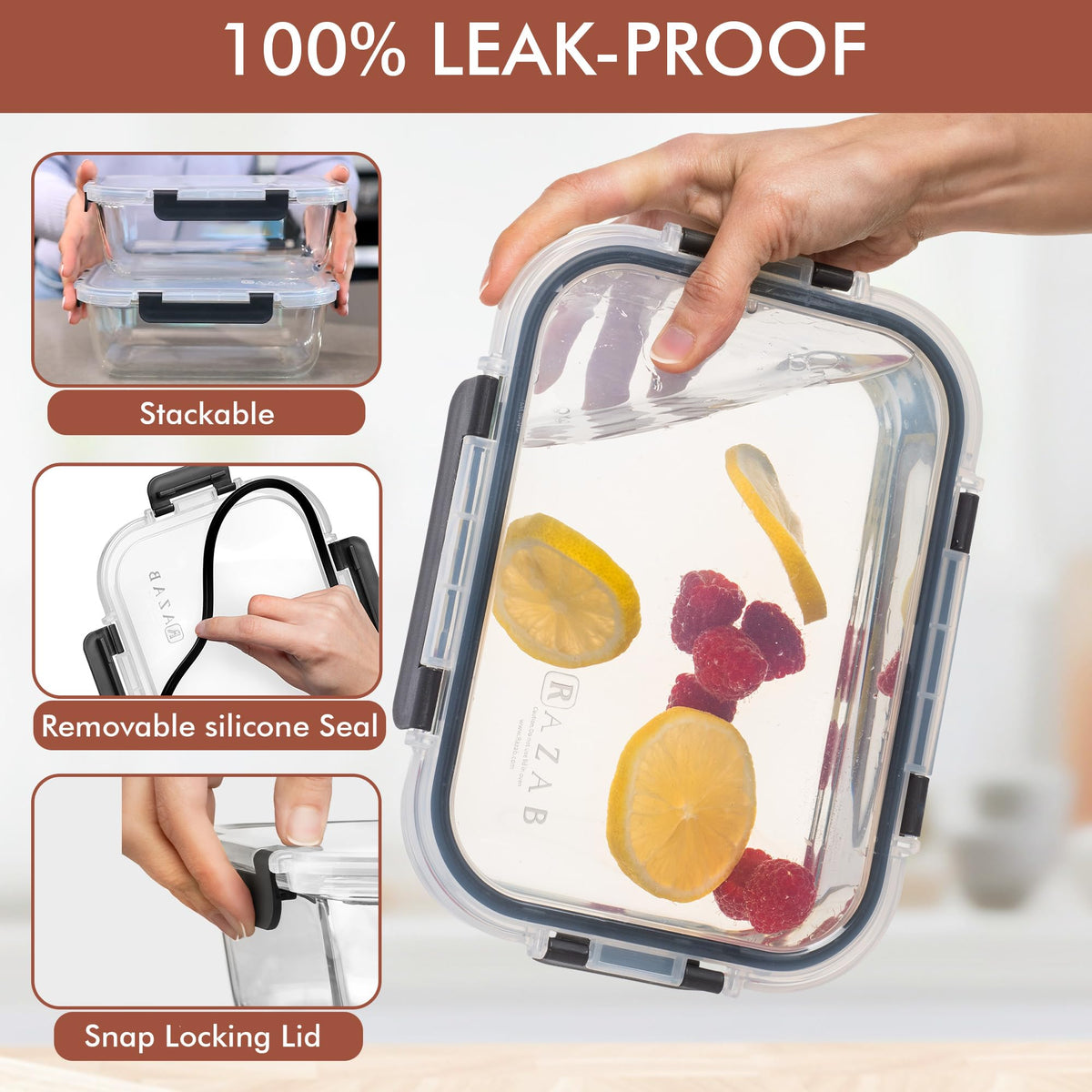 Razab locking lids provide airtight seal for leftovers.