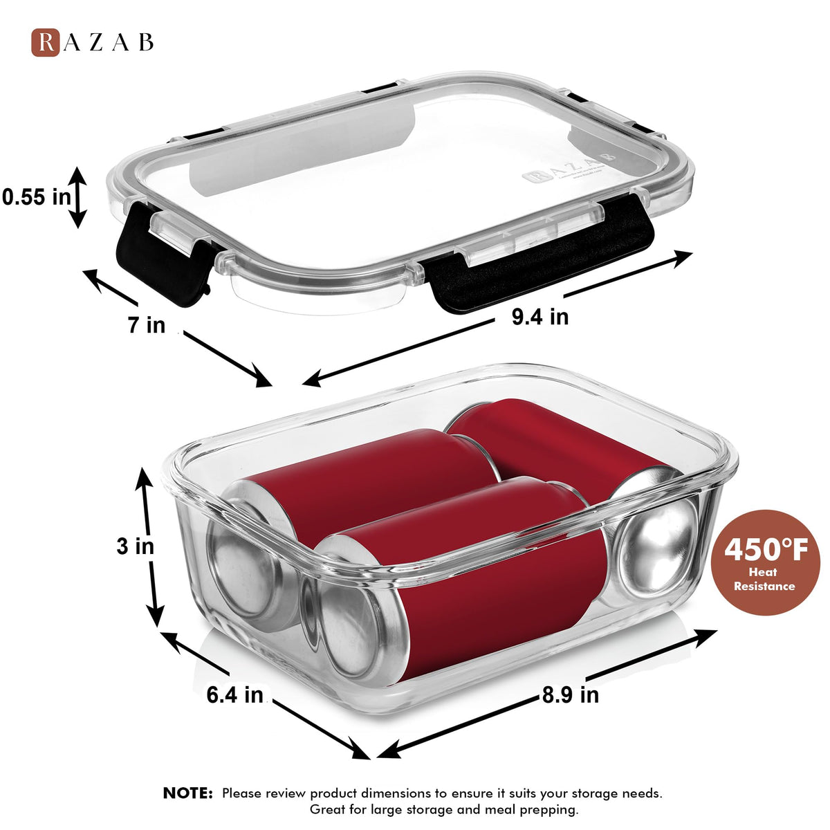 Razab microwave-safe glass meal prep container for quick reheats.