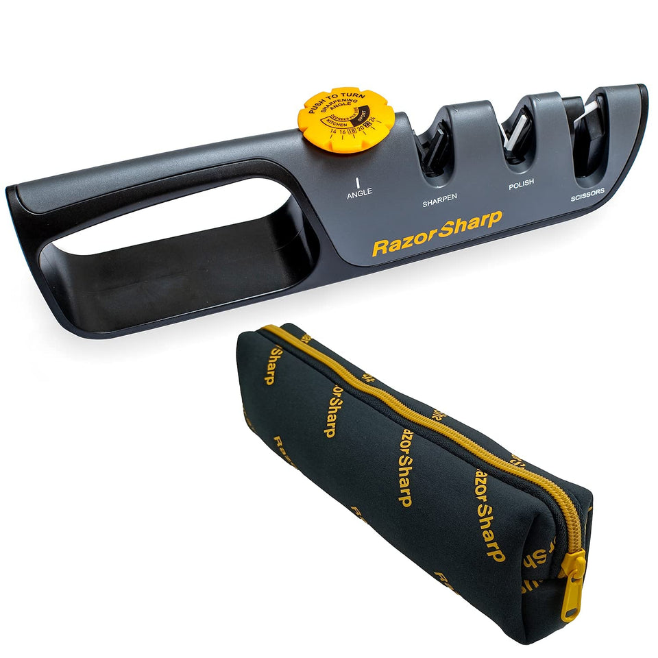 RAZORSHARP knife sharpener adjustable-angle-guide for precise kitchen sharpening.
