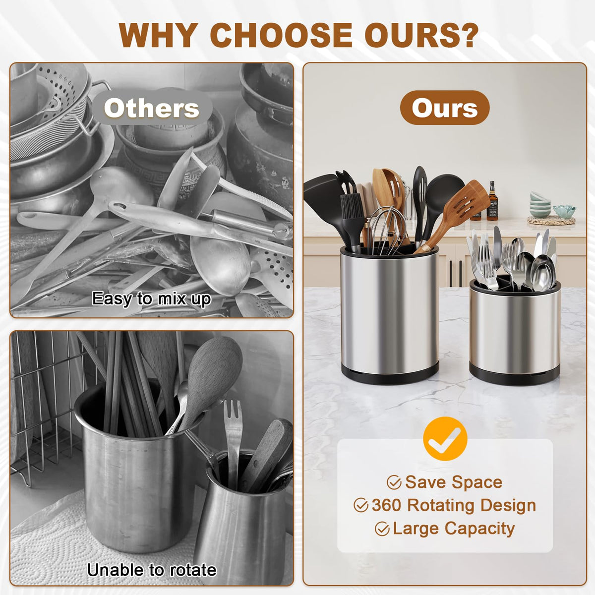 Rcemlip extra large holder stores about 20 big-handled utensils for busy kitchens.