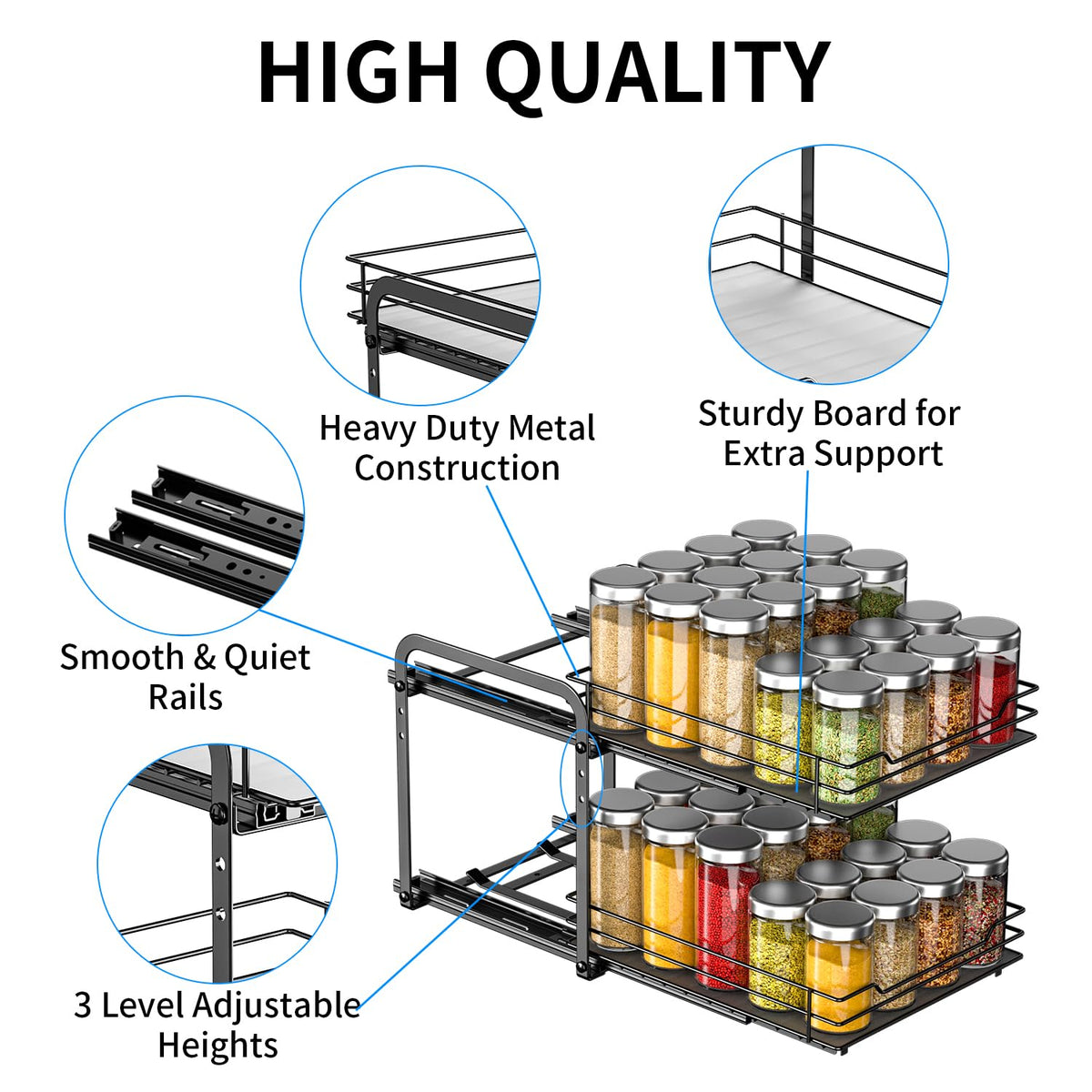 RCHYFEED spice rack guardrails prevent jar tipping during pull-out use.