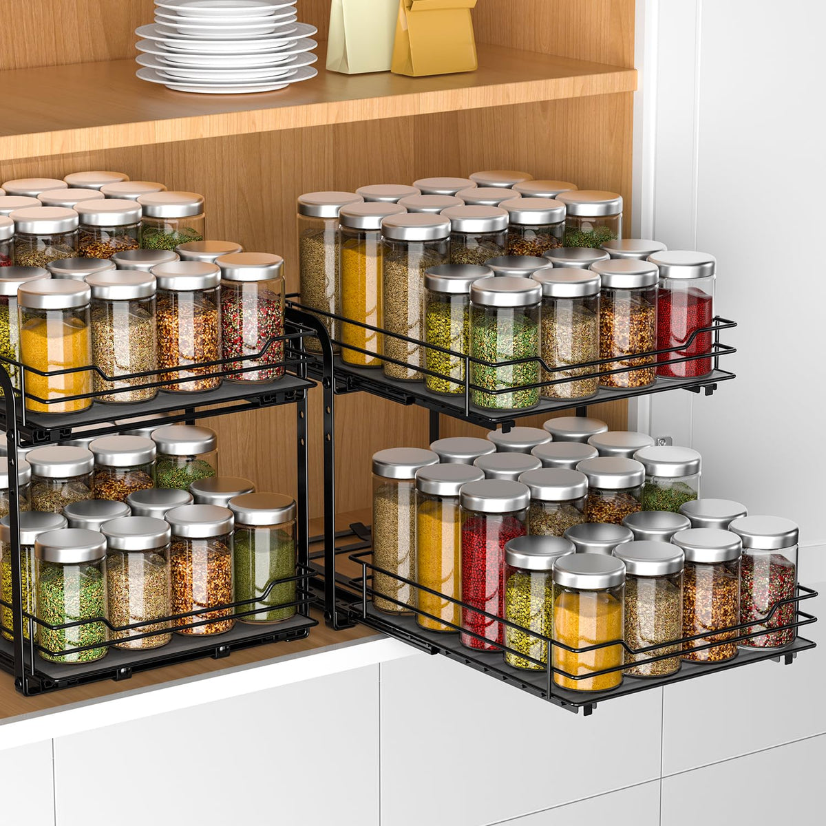 RCHYFEED spice rack dual-rail design keeps layers stable when opened.
