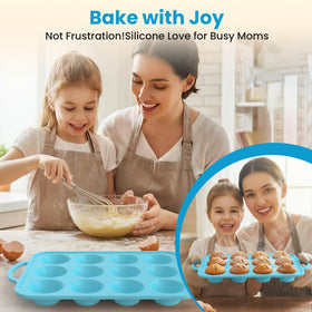 RCMo blue silicone muffin pan with stackable design for compact storage and easy visibility