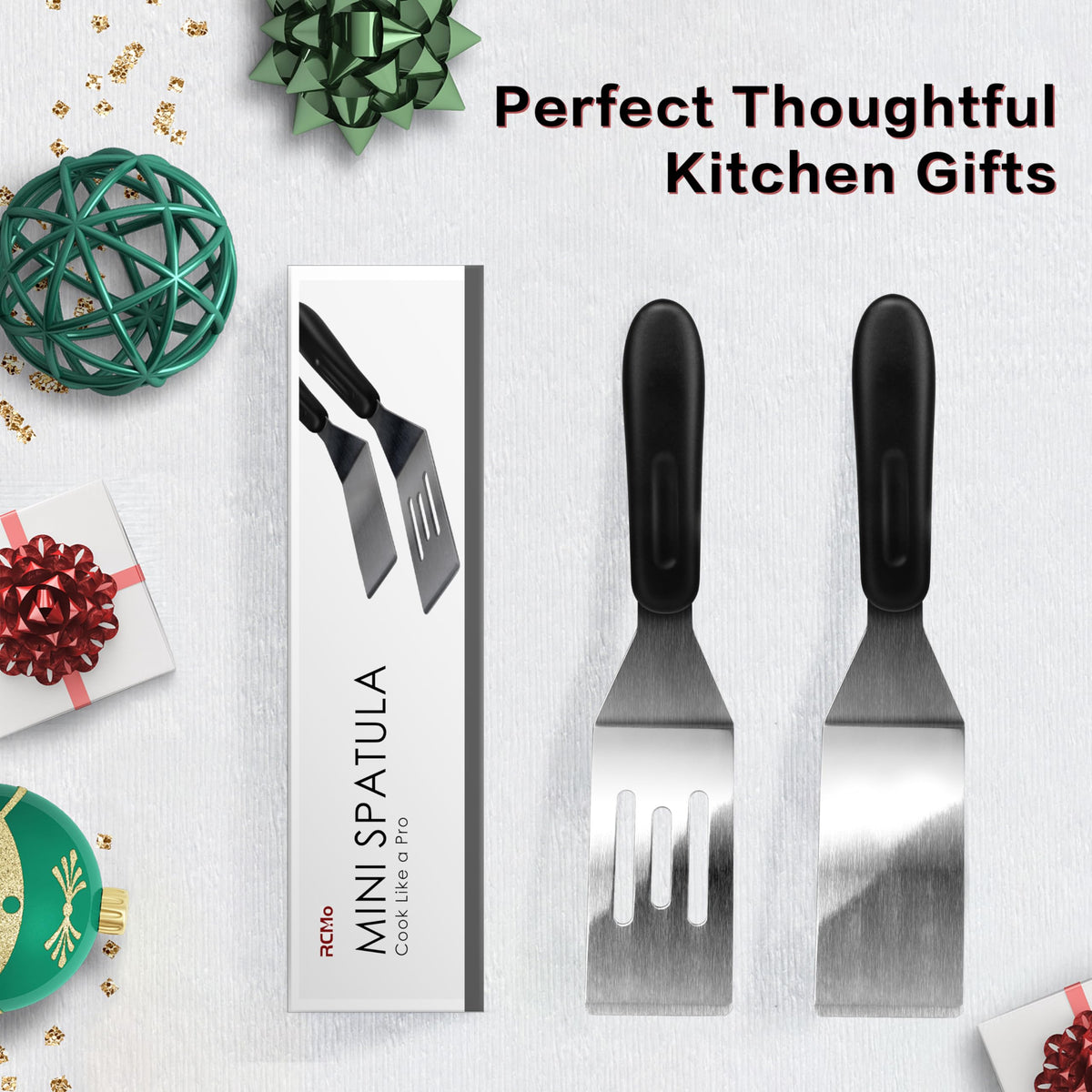 RCMo two-piece spatula set, dishwasher-safe stainless steel for quick cleanup.
