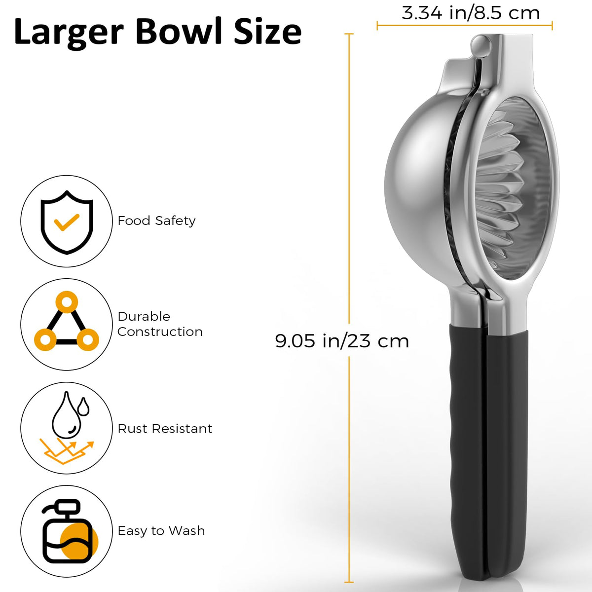 RCMo lemon juicer with silicone handles offers ergonomic grip for comfortable squeezing