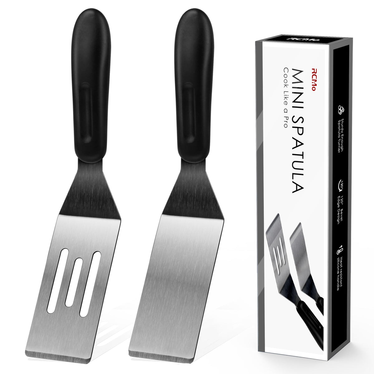 RCMo small spatula set with two slotted blades, ideal for draining oil while flipping.