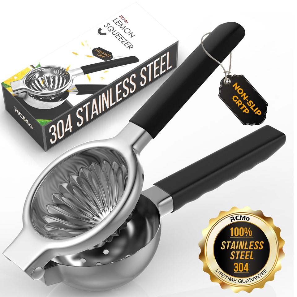 RCMo stainless steel lemon squeezer bowl shown for maximum juice extraction