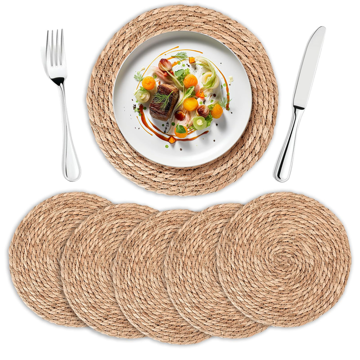 Rcrirth round woven placemats showcasing natural rattan texture for eco-friendly dining