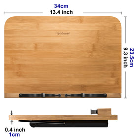 READAEER bamboo book stand showing six adjustable angles for comfortable viewing.