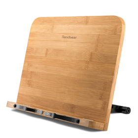 READAEER bamboo book stand with a stable base for reading and cooking.