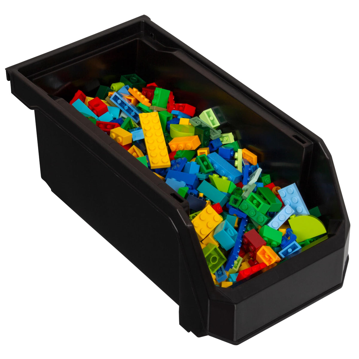 Readyspace garage bin features secure stacking and space-saving design.