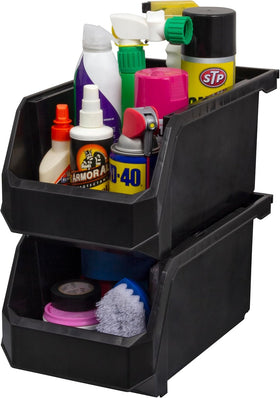 ReadySpace garage storage bin withstands daily use on workbench shelves.