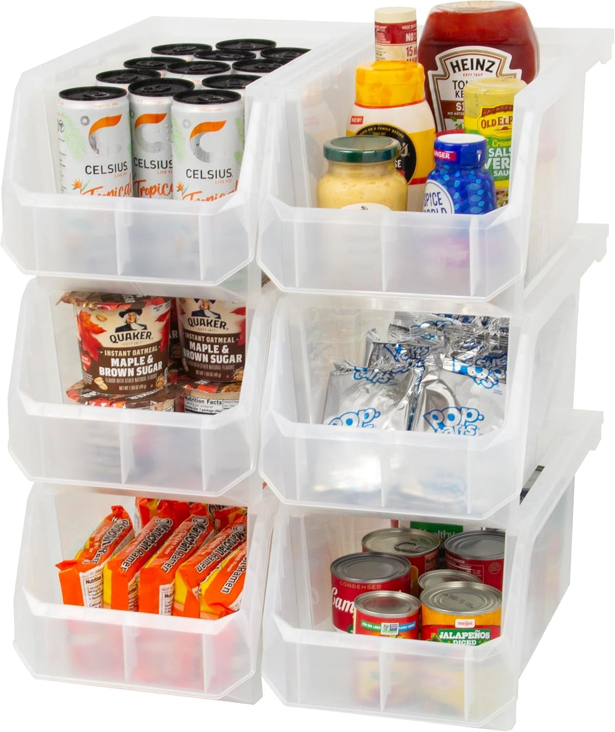 ReadySpace large stackable bin with open front design on shelf for easy access
