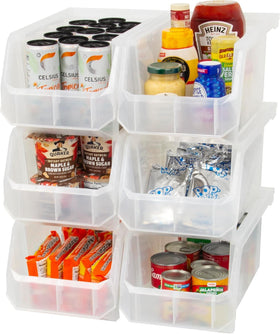 ReadySpace large stackable bin with open front design on shelf for easy access
