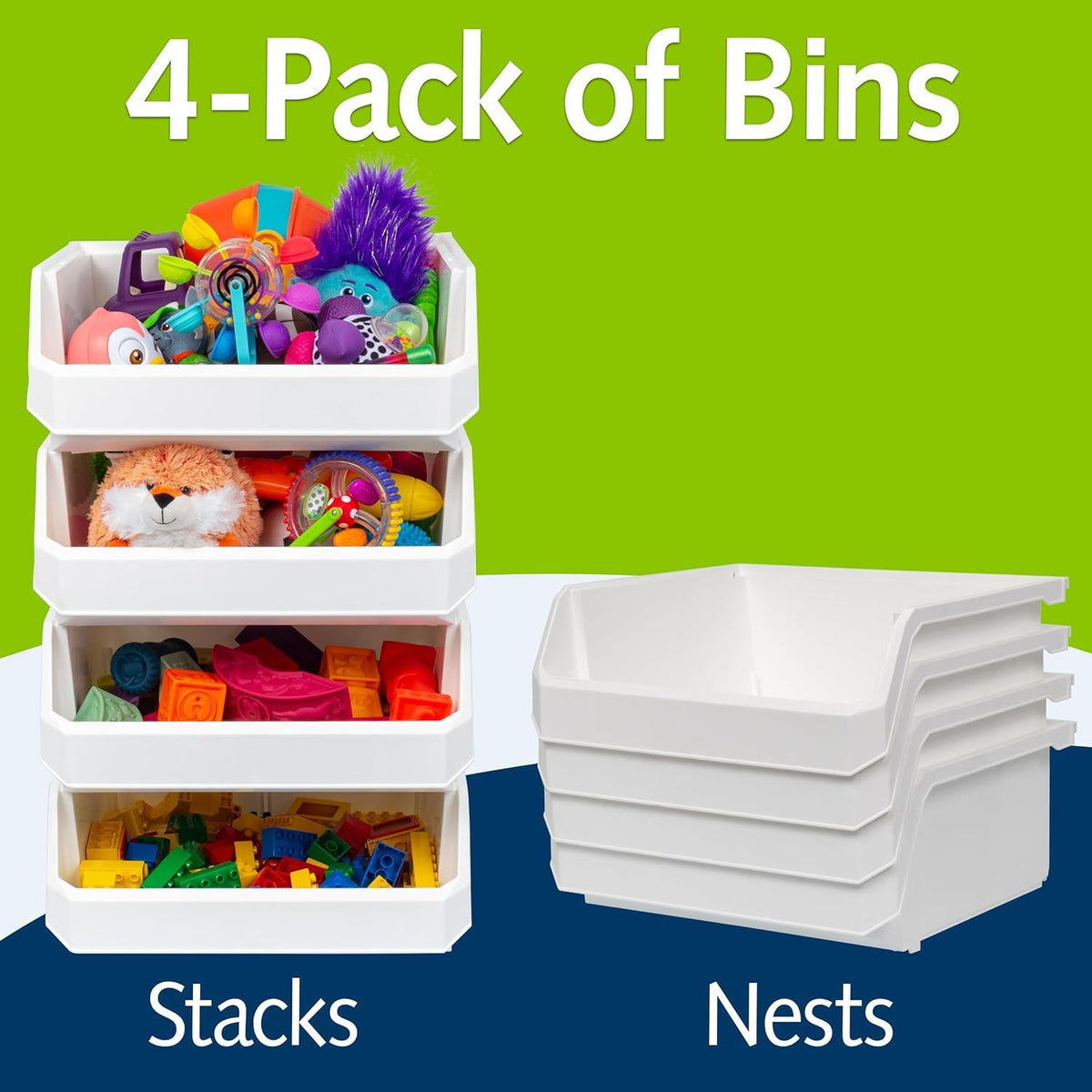 ReadySpace large-capacity bin shows stacking feet and ledge for secure stacking.