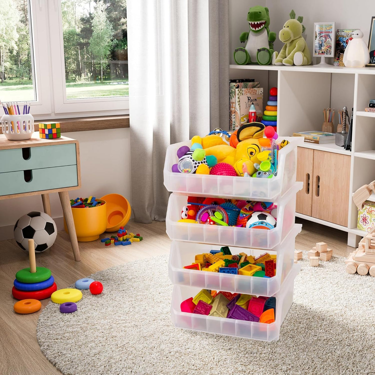 ReadySpace stackable bin on a shelf maximizes storage efficiency.