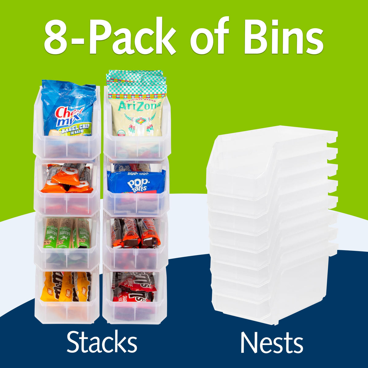 ReadySpace stackable bin shown on shelf with secure stacking and organization