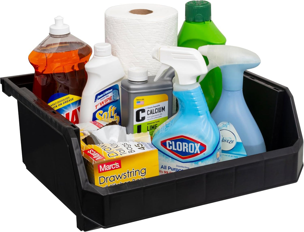 readyspace under-sink storage bin fits compact bathroom or kitchen spaces.