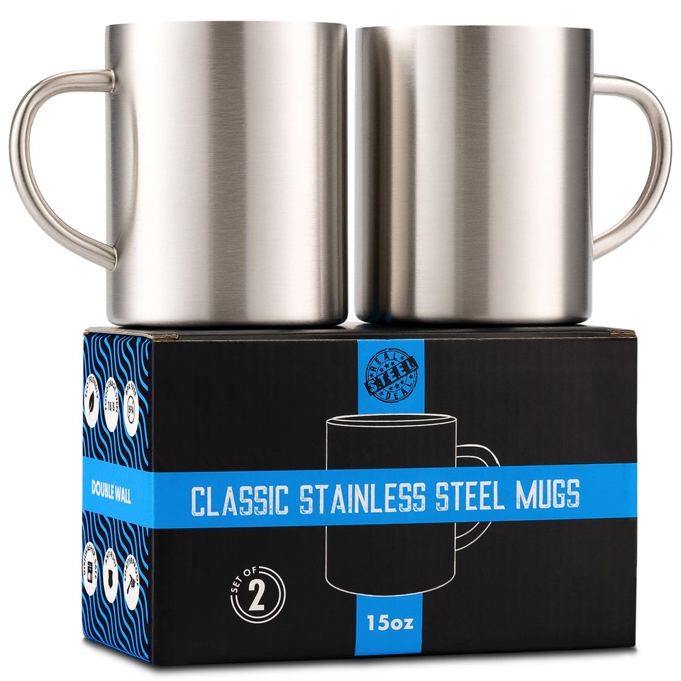 Real Deal Steel 15oz mug with handle for sturdy everyday use.