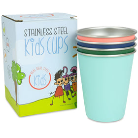 Real Deal Steel kids cups set of four in vibrant colors for easy identification and fun mealtimes.