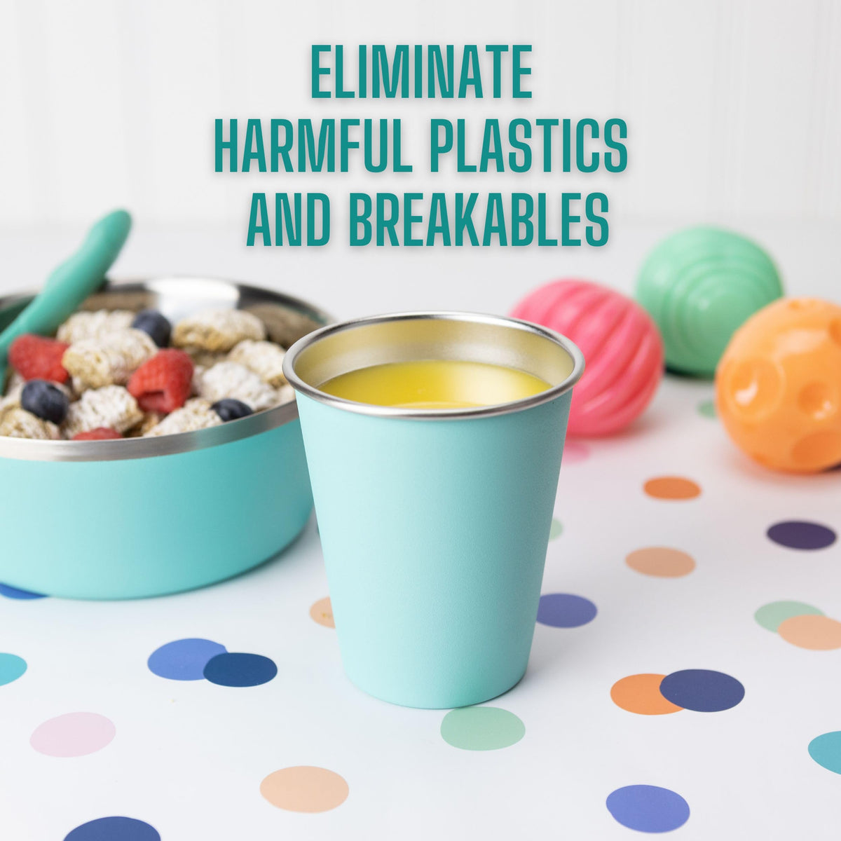 Real Deal Steel stackable kids cups save space for compact kitchen storage.