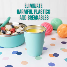 Real Deal Steel stackable kids cups save space for compact kitchen storage.