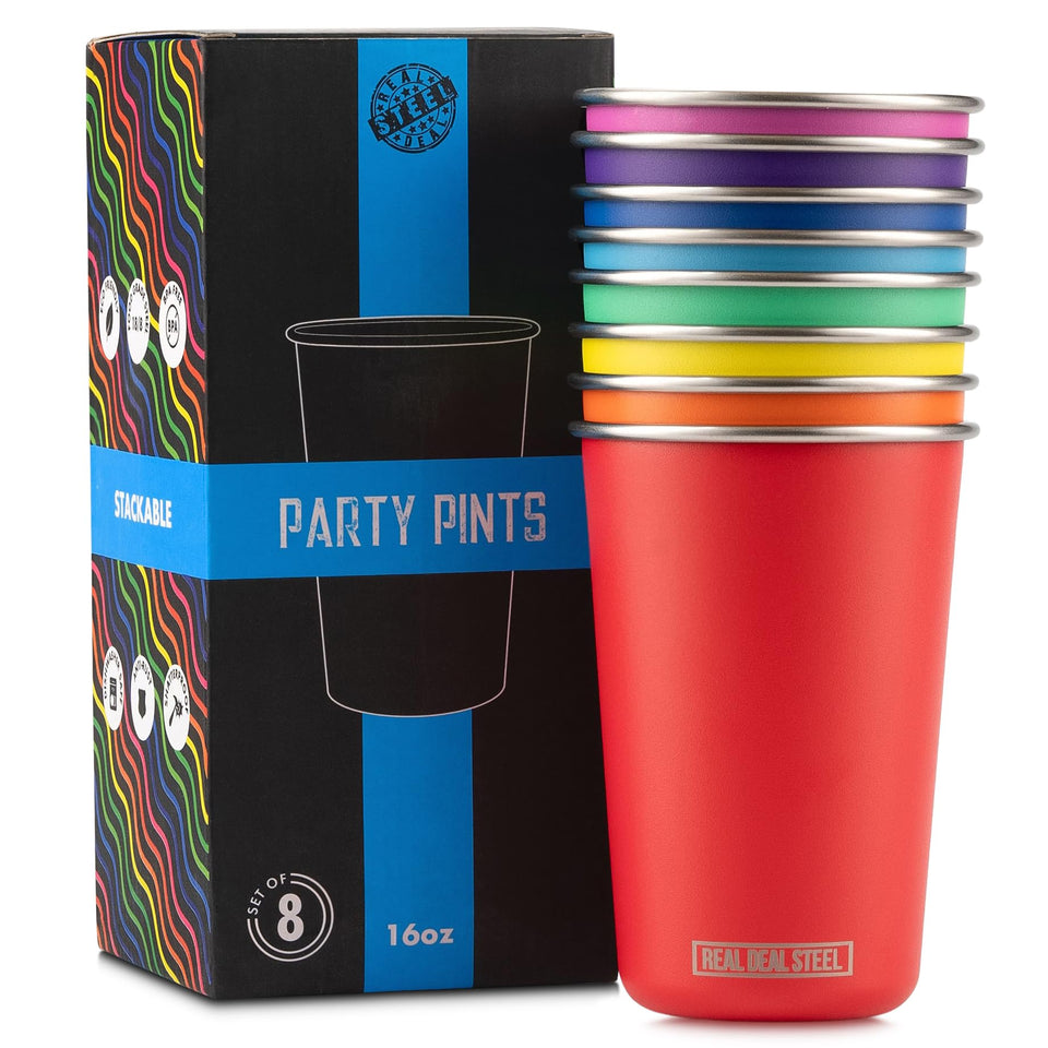 Real Deal Steel Rainbow Cups 16 oz stackable pint glass, ideal for poolside sipping