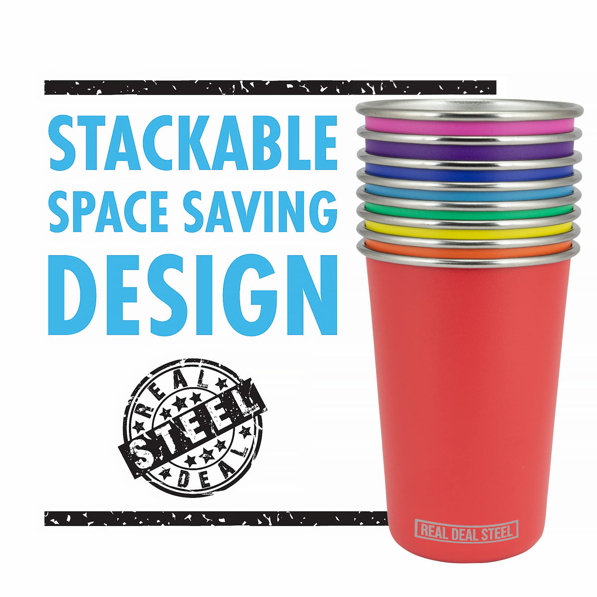 Real Deal Steel Rainbow Cups offer stylish, conversation-starting partyware