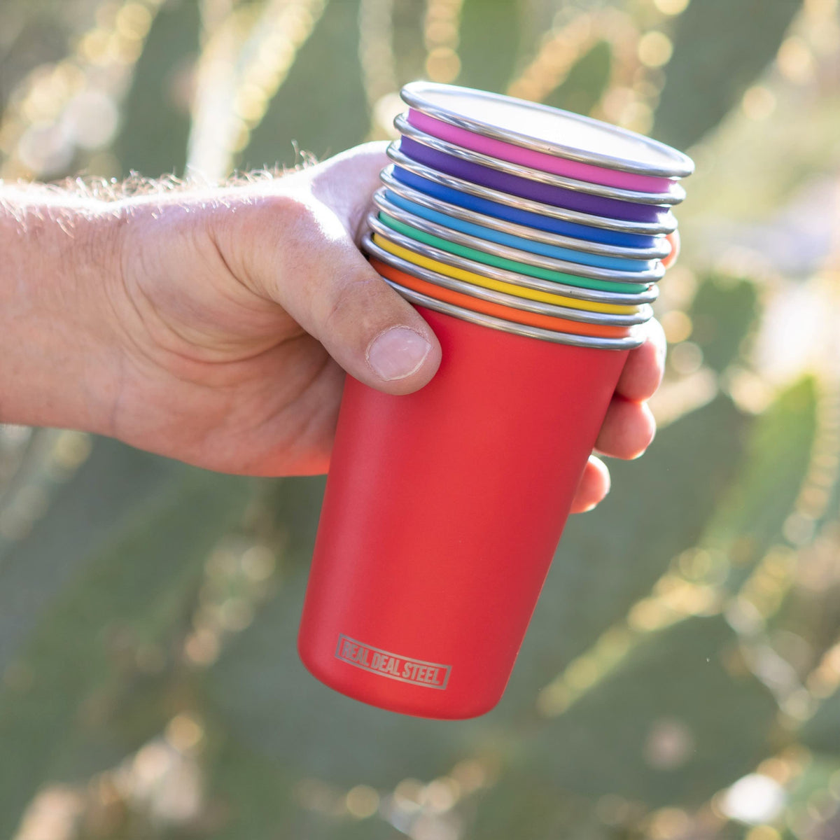 Real Deal Steel Rainbow Cups travel ready for camping and boating