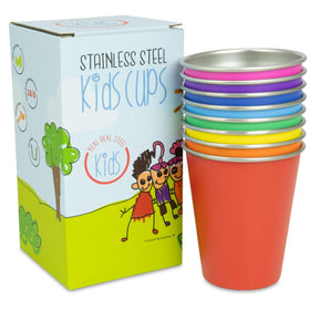 Real Deal Steel rainbow kids cups in bright colors for easy drink identification.