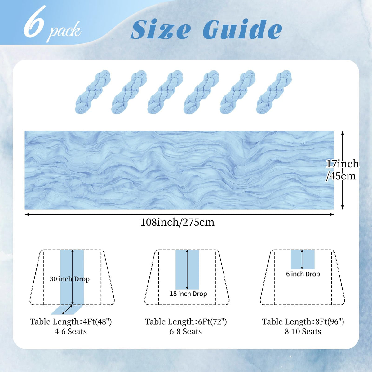 Six-pack RealBox table runners brighten baby shower decor with semi-sheer gauze.