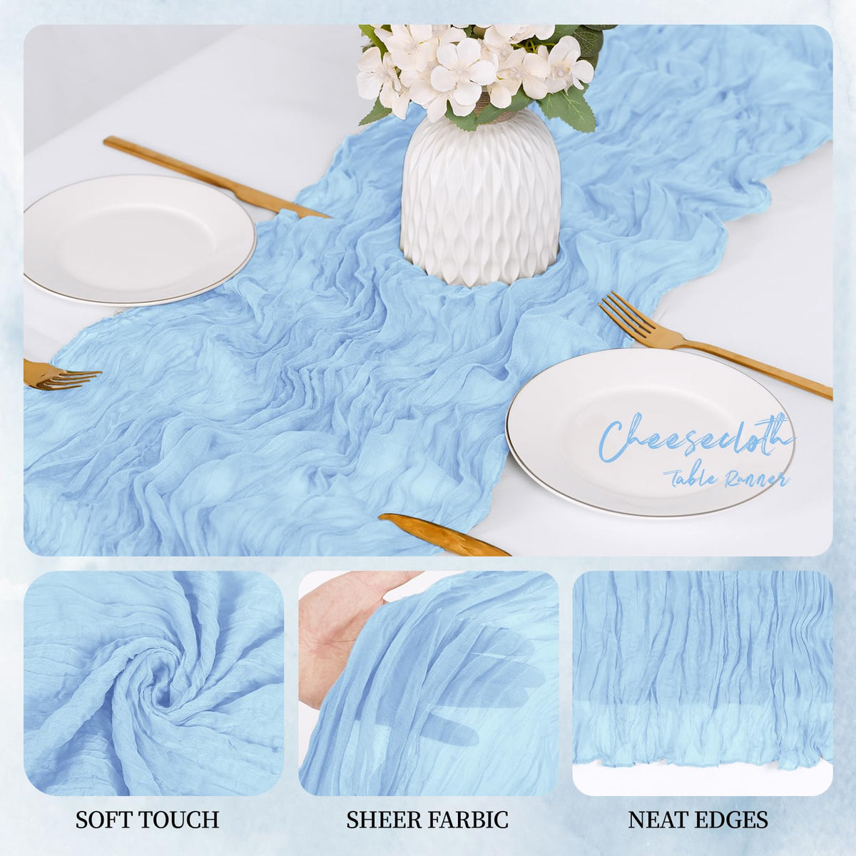 RealBox baby blue cheesecloth table runner closeup pleats showing delicate texture
