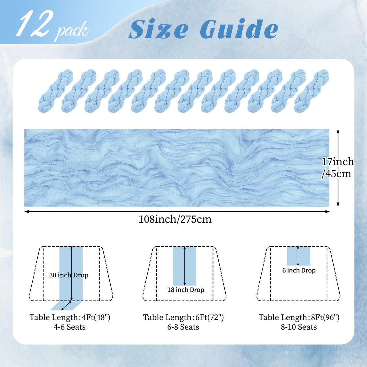RealBox baby blue cheesecloth table runner draped on table for airy elegance