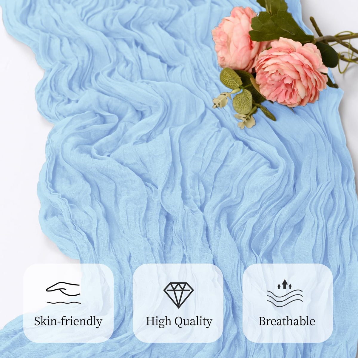 RealBox baby blue cheesecloth table runner party setup creates warm atmosphere